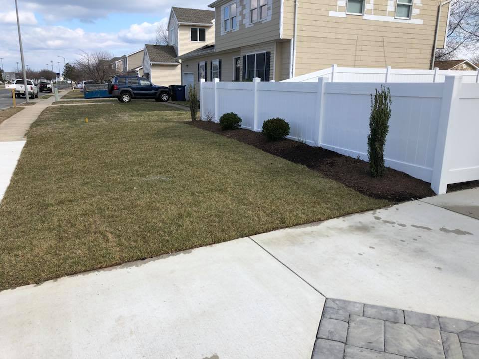 Residential front yard showing a newly installed white vinyl privacy fence along a mulch planting bed with small evergreen shrubs. A concrete driveway runs alongside the property, with a small paver accent section visible at the corner.